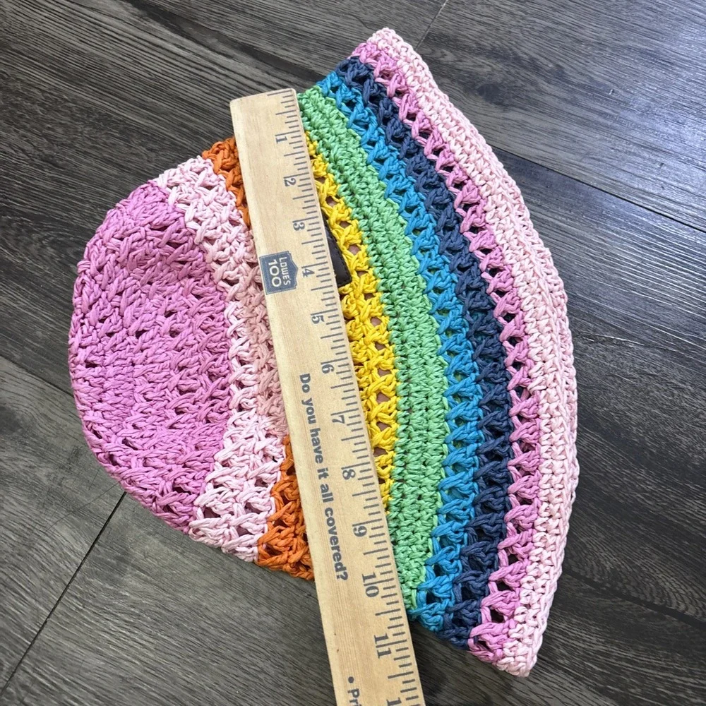 Kurt Geiger London Straw Bucket Hat Multicolor Crochet Scalloped Sun Hat